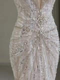 Modest Bridal Gown Mermaid Scoop Neck Tulle Silver Beads Long White Wedding Dresses Elegant Bridal Gowns HZ1214