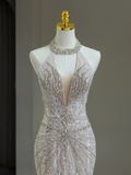 Modest Bridal Gown Mermaid Scoop Neck Tulle Silver Beads Long White Wedding Dresses Elegant Bridal Gowns HZ1214
