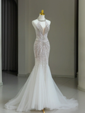 Modest Bridal Gown Mermaid Scoop Neck Tulle Silver Beads Long White Wedding Dresses Elegant Bridal Gowns HZ1214