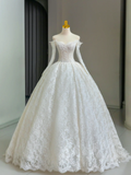 Unique Bridal Gown Ball Gown Off The Shoulder Lace Long Sleeves White 50s Wedding Dresses Vintage Bridal Gowns HZ1214