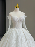 Unique Bridal Gown Ball Gown Off The Shoulder Lace Long Sleeves White 50s Wedding Dresses Vintage Bridal Gowns HZ1214