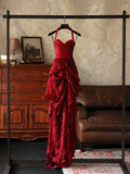 Elegant Sheath Halter Wine Red Satin Long Prom Dresses Party Dress Summer 20th Birthday Outfits 18th Birthday Dresses HZ1214