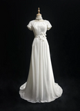 Modest Bridal Gown A line Square Neck White Short Sleeves Chiffon Wedding Dresses Timeless Brides Bridal Gowns HZ1214