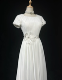 Modest Bridal Gown A line Square Neck White Short Sleeves Chiffon Wedding Dresses Timeless Brides Bridal Gowns HZ1214