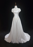 Vintage Bridal Gown A line Square Neck White Short Sleeves Satin 60s Wedding Dresses Timeless Brides Bridal Gowns HZ1214