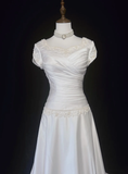 Vintage Bridal Gown A line Square Neck White Short Sleeves Satin 60s Wedding Dresses Timeless Brides Bridal Gowns HZ1214