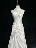 Classic Elegant Wedding Gown Mermaid One Shoulder Long White Satin 70s Wedding Dresses Vintage Bridal Gowns HZ1214