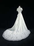 Classic Elegant Wedding Gown A line V Neck Long White Satin 70s Wedding Dresses Vintage Bridal Gowns HZ1214
