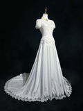 Classic Elegant Wedding Gown A line V Neck Long White Satin 70s Wedding Dresses Vintage Bridal Gowns HZ1214