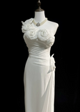 Unique Wedding Dress Sheath One Shoulder Chiffon White Flowers 90s Wedding Dresses Vintage Bridal Gowns HZ1214