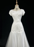 Classic Elegant Wedding Gown Mermaid Short Sleeves White Lace 80s Wedding Dresses Vintage Bridal Gowns HZ1214