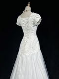 Classic Elegant Wedding Gown Mermaid Short Sleeves White Lace 80s Wedding Dresses Vintage Bridal Gowns HZ1214