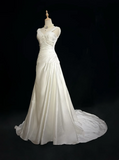 Unique Wedding Dress A Line V Neck White Satin Beads 90s Wedding Dresses Vintage Bridal Gowns HZ1214