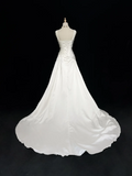 Unique Wedding Dress A Line V Neck White Satin Beads 90s Wedding Dresses Vintage Bridal Gowns HZ1214