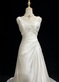 Unique Wedding Dress A Line V Neck White Satin Beads 90s Wedding Dresses Vintage Bridal Gowns HZ1214