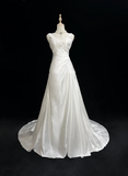 Unique Wedding Dress A Line V Neck White Satin Beads 90s Wedding Dresses Vintage Bridal Gowns HZ1214