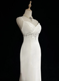 Unique Wedding Dress Mermaid Spaghetti Straps White Chiffon Beads 90s Wedding Dresses Vintage Bridal Gowns HZ1214