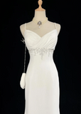 Unique Wedding Dress Mermaid Spaghetti Straps White Chiffon Beads 90s Wedding Dresses Vintage Bridal Gowns HZ1214