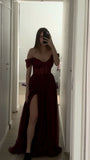 Elegant A line Off The Shoulder Burgundy Tulle Long Prom Dresses Party Dress Summer 20th Birthday Outfits 18th Birthday Dresses HZ1214