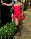 Sexy Sheath Strapless Red Satin Mini Short Formal 8th Grade Homecoming Dresses Summer Middle School Hoco Dress 18th Birthday Outfits HZ1214