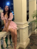 Cute Ball Gown V Neck Pink Short Sleeves Formal 8th Grade Homecoming Dresses Summer Middle School Hoco Dress Homecoming Outfits HZ1214