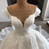 Unique Bridal Gown Ball Gown Off The Shoulder White Short Sleeves Lace Wedding Dresses Pretty Bridal Gowns HZ1214