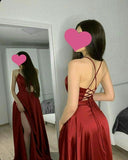 Elegant A line Halter Backless Burgundy Satin Long Prom Dresses Party Dress Summer 20th Birthday Outfits 18th Birthday Dresses HZ1214