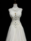 Unique Bridal Dress A Line V Neck White Tulle Long 90s Wedding Dresses Vintage Bride Dress Bridal Gowns HZ1214