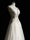 Unique Bridal Dress A Line V Neck White Tulle Long 90s Wedding Dresses Vintage Bride Dress Bridal Gowns HZ1214