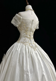 Unique Bridal Gown Ball Gown Off The Shoulder White Short Sleeves Lace Wedding Dresses Vintage 80s Wedding Gowns HZ1214