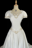 Classic Wedding Dress Ball Gown V Neck White Satin Long 70s Wedding Dresses Vintage Bride Dress Bridal Gowns HZ1214