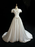 Classic Wedding Dress Ball Gown V Neck White Satin Long 70s Wedding Dresses Vintage Bride Dress Bridal Gowns HZ1214