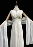 Unique Bridal Dress A line Spaghetti Straps White 90s Chiffon Wedding Dresses Vintage Bride Dress Bridal Gowns HZ1214