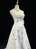 Unique Bridal Dress A line Halter Wedding Dress With Beads Layers White 90s Chiffon Wedding Dresses Vintage Bride Dress Bridal Gowns HZ1214