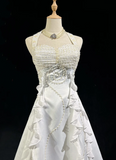 Unique Bridal Dress A line Halter Wedding Dress With Beads Layers White 90s Chiffon Wedding Dresses Vintage Bride Dress Bridal Gowns HZ1214