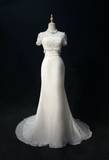 Unique Bridal Gown Mermaid Strapless Chiffon Wedding Dress With White Short Sleeves Lace Jacket Wedding Dresses Vintage 80s Wedding Gowns HZ1214