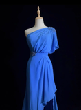 Vintage A line One Shoulder Sleeveless Royal Blue Chiffon Petite Mother Of Bride Dress Party Gown Floor Length For Summer Women Wedding HZ1214