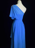 Vintage A line One Shoulder Sleeveless Royal Blue Chiffon Petite Mother Of Bride Dress Party Gown Floor Length For Summer Women Wedding HZ1214