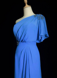 Vintage A line One Shoulder Sleeveless Royal Blue Chiffon Petite Mother Of Bride Dress Party Gown Floor Length For Summer Women Wedding HZ1214