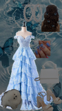Pretty Off The Shoulder Ball Gown Light Sky Blue Lace Long Prom Dresses Party Dress Birthday Outfits Graduation Dresses HZ1214