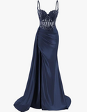 Elegant Mermaid Spaghetti Straps Pink Slit Satin Long Prom Dresses Party Dress Summer 20th Birthday Outfits 18th Birthday Dresses HZ1214
