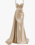 Elegant Mermaid Spaghetti Straps Pink Slit Satin Long Prom Dresses Party Dress Summer 20th Birthday Outfits 18th Birthday Dresses HZ1214