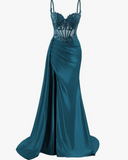 Elegant Mermaid Spaghetti Straps Pink Slit Satin Long Prom Dresses Party Dress Summer 20th Birthday Outfits 18th Birthday Dresses HZ1214