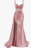 Elegant Mermaid Spaghetti Straps Pink Slit Satin Long Prom Dresses Party Dress Summer 20th Birthday Outfits 18th Birthday Dresses HZ1214
