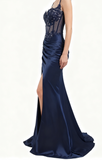 Elegant Mermaid Spaghetti Straps Pink Slit Satin Long Prom Dresses Party Dress Summer 20th Birthday Outfits 18th Birthday Dresses HZ1214