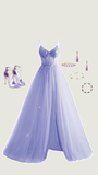 Elegant A Line Spaghetti Straps Lilac Tulle Slit Long Prom Dresses Party Dress Summer 20th Birthday Outfits 18th Birthday Dresses HZ1214
