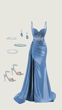 Elegant Mermaid Spaghetti Straps Blue Slit Satin Long Prom Dresses Party Dress Summer 20th Birthday Outfits 18th Birthday Dresses HZ1214
