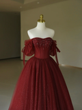 Pretty Ball Gown Off The Shoulder Burgundy Tulle Long Quinceanera Dress Formal Gowns Vestido De 15 Anos Sweet 16 Dress HZ1214