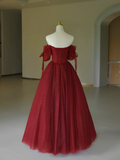 Pretty Ball Gown Off The Shoulder Burgundy Tulle Long Quinceanera Dress Formal Gowns Vestido De 15 Anos Sweet 16 Dress HZ1214
