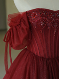 Pretty Ball Gown Off The Shoulder Burgundy Tulle Long Quinceanera Dress Formal Gowns Vestido De 15 Anos Sweet 16 Dress HZ1214